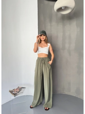 Haki Tensel Kumaş Palazzo Kadın Pantolon