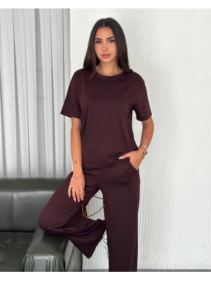 Kahve Kadın Modal Bisiklet Yaka Alt Üst Takım