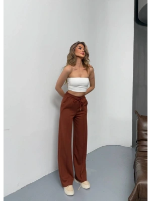 Kahve Modal Kumaş Çımalı Palazzo Pantolon