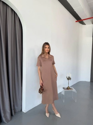 Kahve Polo Yaka Modal Kadın Elbise