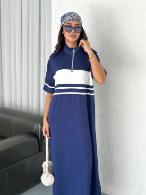 Lacivert Garnili Fermuarlı Modal Elbise