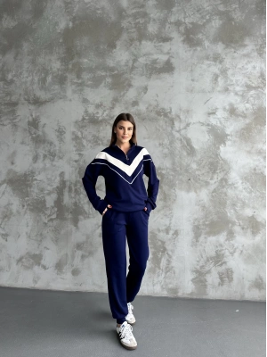 Lacivert Garnili Modal Yarım Fermuarlı Takım