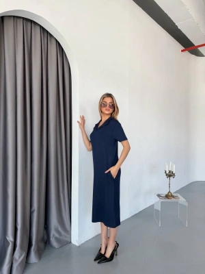 Lacivert Polo Yaka Modal Kadın Elbise