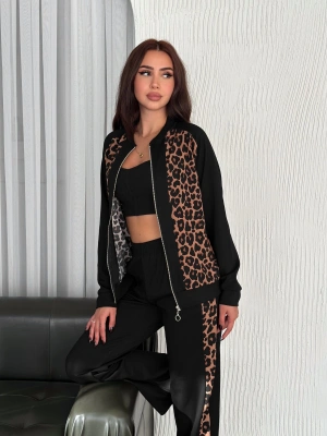 Leopar Desenli Fermuarlı Bayan Takım