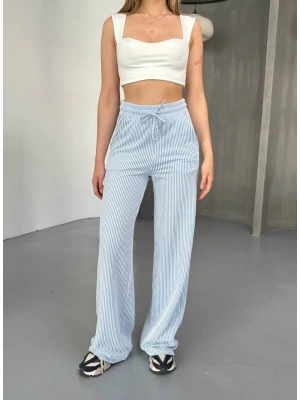 Mavi Su Yolu Çizgili Kumaş Pantolon