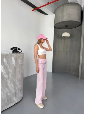 Pembe Su Yolu Çizgili Kumaş Pantolon