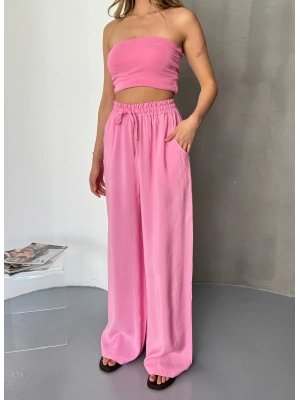 Pembe Tensel Kumaş Palazzo Kadın Pantolon