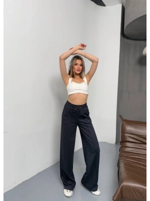 Siyah Modal Kumaş Çımalı Palazzo Pantolon