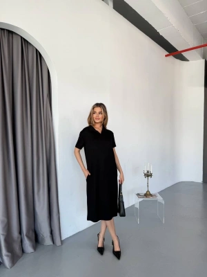 Siyah Polo Yaka Modal Kadın Elbise