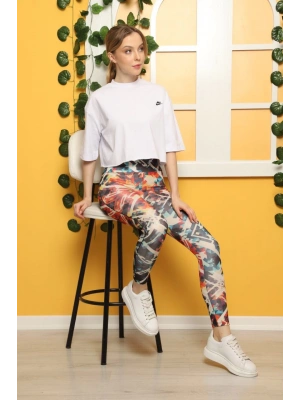 Turunculu Desen Dijital Baskılı Sporcu Tayt