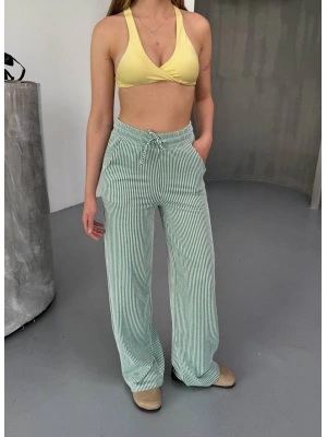 Yeşil Su Yolu Çizgili Kumaş Pantolon