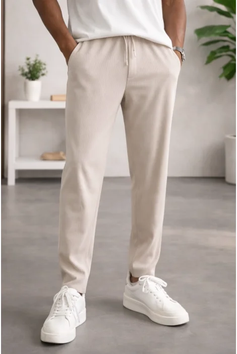 Erkek Asimetrik Kesim Daralan Paça Pantolon Krem Cd153