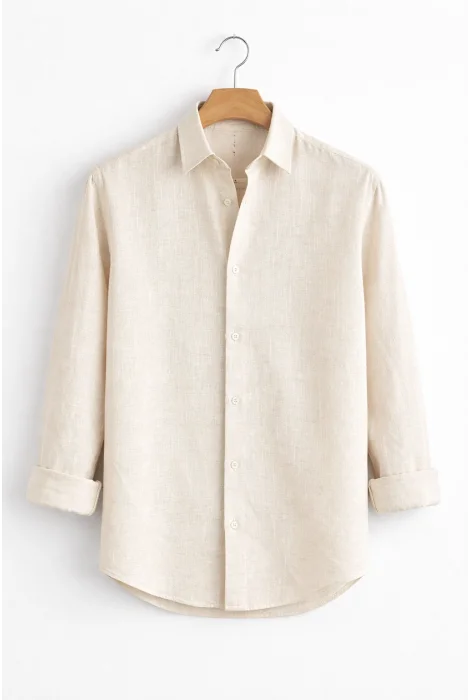 Erkek Keten Görünümlü Pamuklu Gömlek Bej Cd158