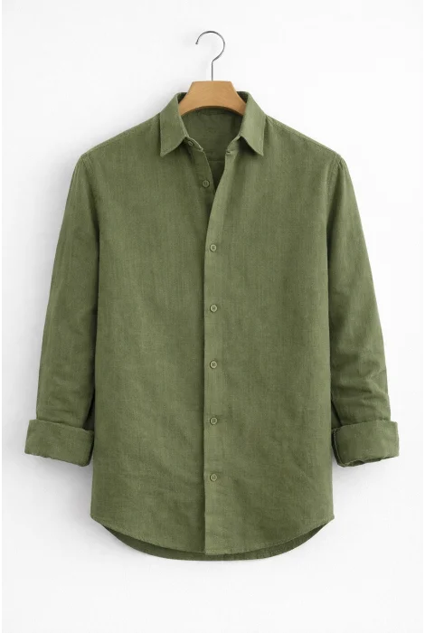 Erkek Keten Görünümlü Pamuklu Gömlek Yeşil Cd158