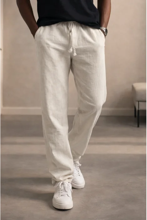 Erkek Keten Görünümlü Pamuk Pantolon Kırık Beyaz Cd159