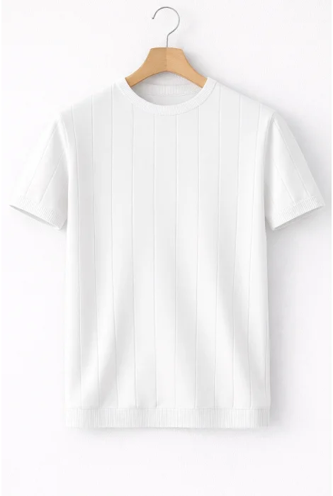 Erkek Bisiklet Yaka Çizgili Triko Tişört Beyaz Cd163