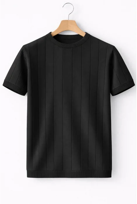 Erkek Bisiklet Yaka Çizgili Triko Tişört Siyah Cd163