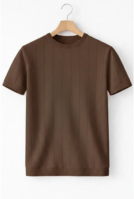Erkek Bisiklet Yaka Çizgili Triko Tişört Kahverengi Cd163