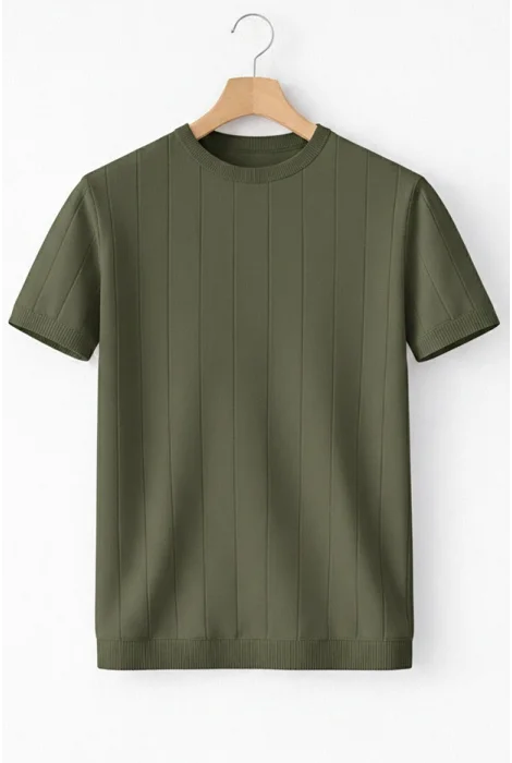 Erkek Bisiklet Yaka Çizgili Triko Tişört Yeşil Cd163