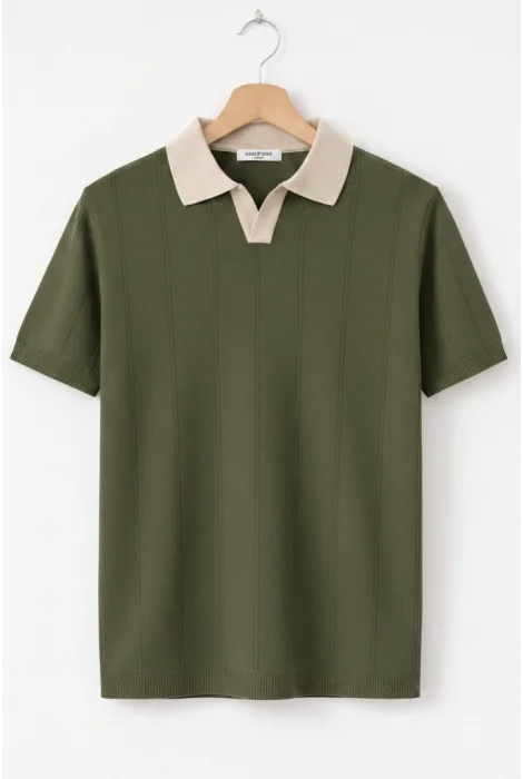 Erkek Yaka Desenli Triko Tişört Yeşil Cd165