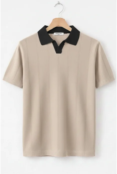 Erkek Yaka Desenli Triko Tişört Vizon Cd165