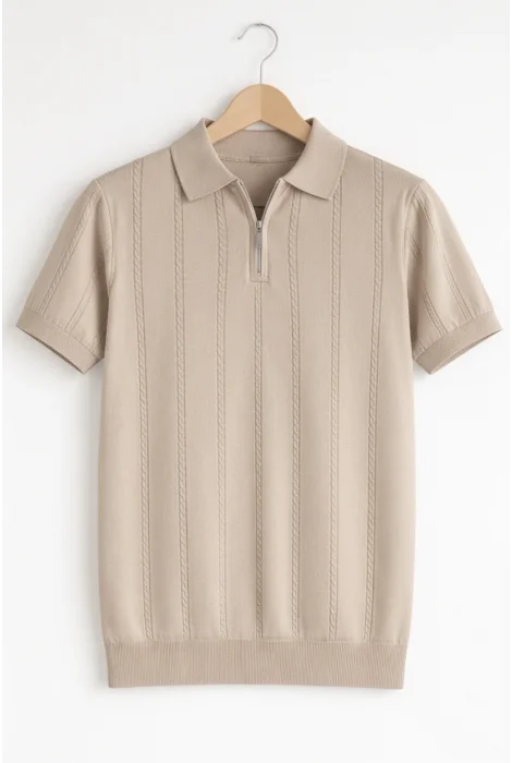 Erkek Polo Yaka Desenli Triko Tişört Vizon Cd164