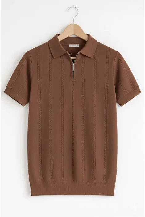 Erkek Polo Yaka Desenli Triko Tişört Kahverengi Cd164