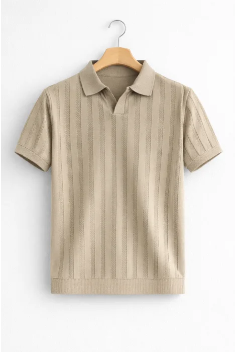 Erkek Açık Yaka Desenli Triko Tişört Vizon Cd162