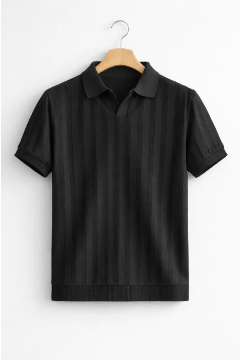 Erkek Açık Yaka Desenli Triko Tişört Siyah Cd162