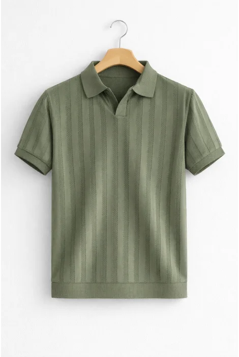 Erkek Açık Yaka Desenli Triko Tişört Açık Yeşil Cd162