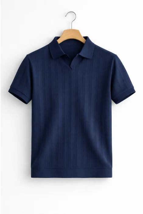 Erkek Açık Yaka Desenli Triko Tişört Lacivert Cd162