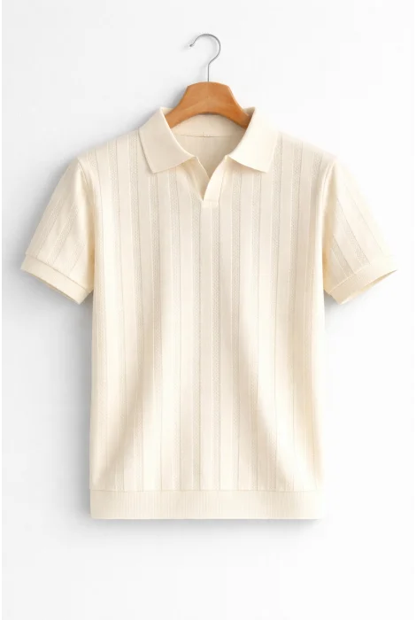 Erkek Açık Yaka Desenli Triko Tişört Krem Cd162