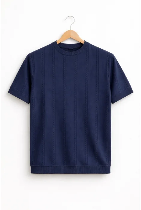 Erkek Bisiklet Yaka Desenli Triko Tişört Lacivert Cd161