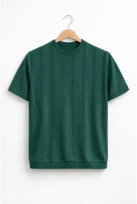 Erkek Bisiklet Yaka Desenli Triko Tişört Yeşil Cd161