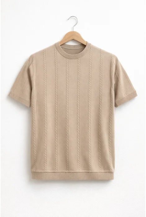 Erkek Bisiklet Yaka Desenli Triko Tişört Vizon Cd161