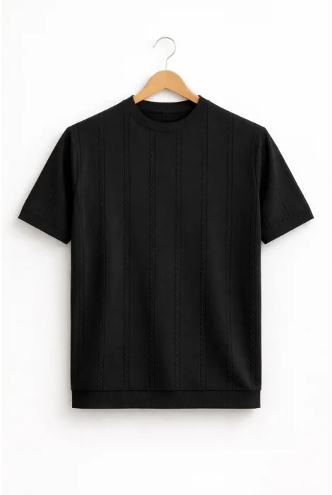 Erkek Bisiklet Yaka Desenli Triko Tişört Siyah Cd161