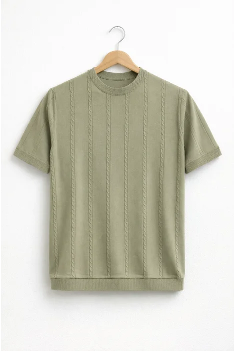 Erkek Bisiklet Yaka Desenli Triko Tişört Açık Yeşil Cd161