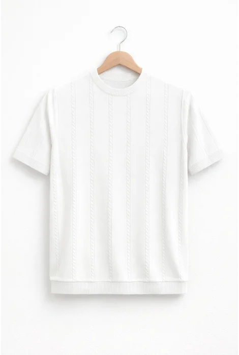 Erkek Bisiklet Yaka Desenli Triko Tişört Beyaz Cd161