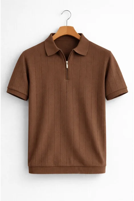 Erkek Nokta Desenli Polo Yaka Triko Tişört Kahverengi Cd166