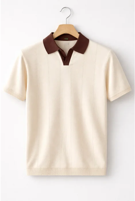 Erkek Yaka Desenli Triko Tişört Krem Cd165