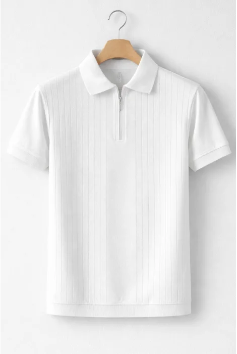 Erkek Çizgi Desenli Polo Yaka Triko Tişört Beyaz Cd168