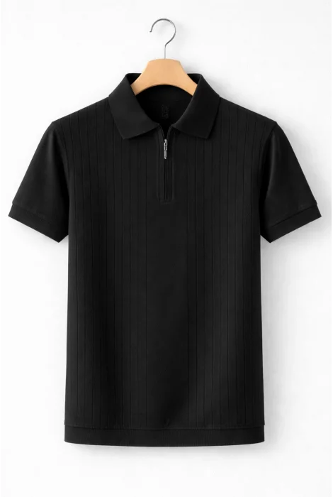 Erkek Çizgi Desenli Polo Yaka Triko Tişört Siyah Cd168
