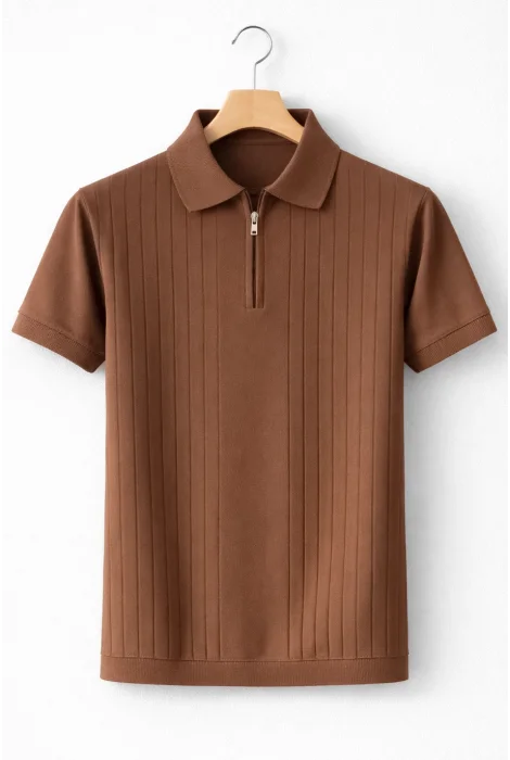 Erkek Çizgi Desenli Polo Yaka Triko Tişört Kahverengi Cd168