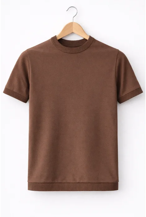 Erkek Düz Bisiklet Yaka Triko Tişört Kahverengi Cd169