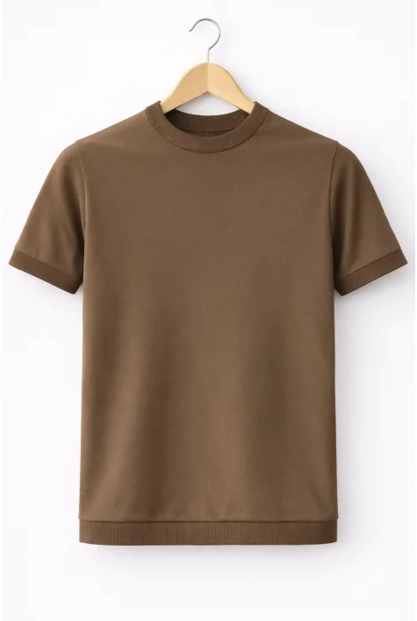 Erkek Düz Bisiklet Yaka Triko Tişört Açık Kahverengi Cd169