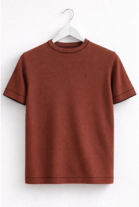 Erkek Bisiklet Yaka Çizgi Desenli Triko Tişört Kiremit Cd170