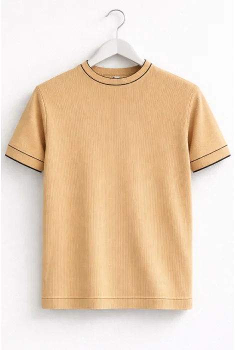 Erkek Bisiklet Yaka Çizgi Desenli Triko Tişört Sarı Cd170