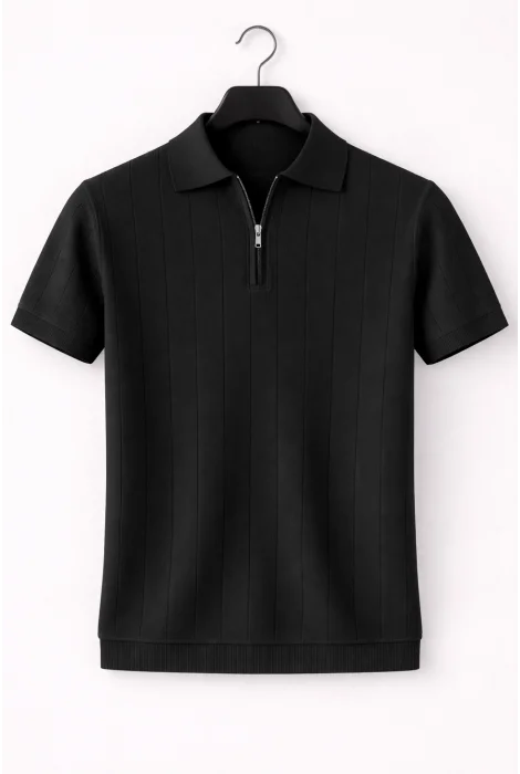 Erkek Polo Yaka Çizgili Triko Tişört Siyah Cd171