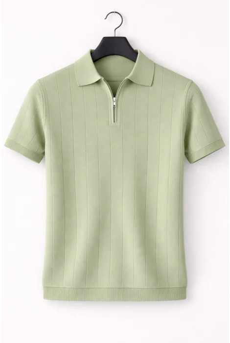Erkek Polo Yaka Çizgili Triko Tişört Açık Yeşil Cd171