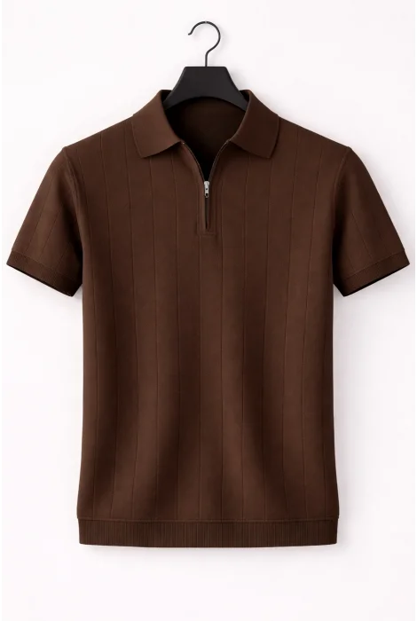 Erkek Polo Yaka Çizgili Triko Tişört Kahverengi Cd171